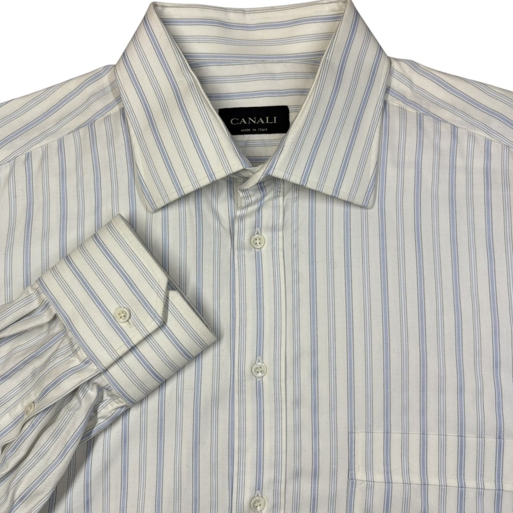 Canali Striped Dress Shirt Mens 17 White Blue Stripe Cotton Spread Collar Italy